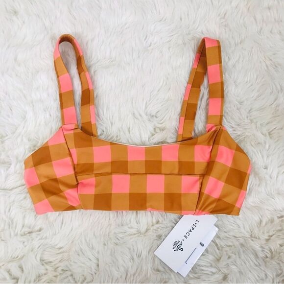 L*SPACE Seaesta‎ Seaside Gingham Jess Bikini Top Pink Orange Plaid Size XS New - Picture 1 of 8